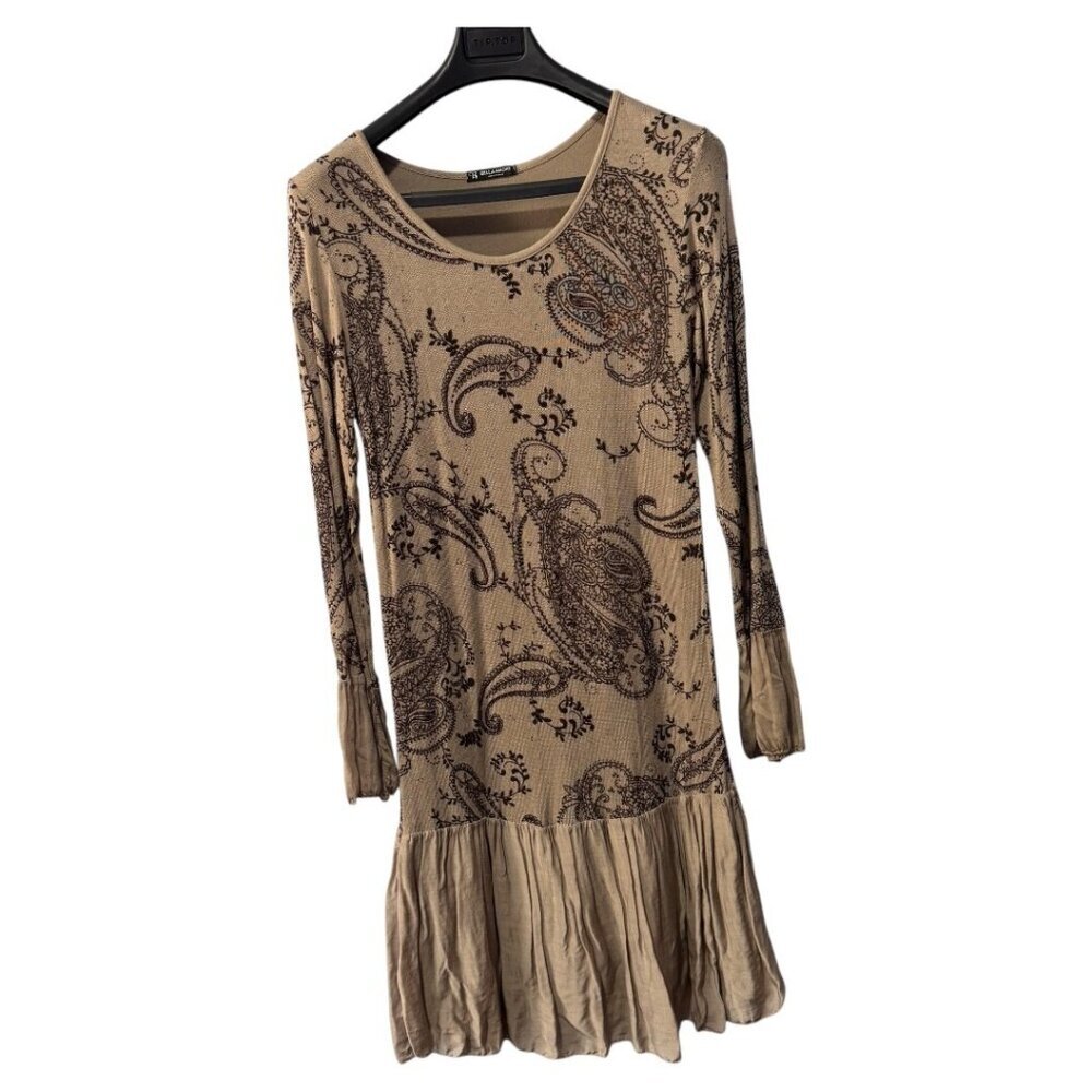 Bella Amore viscose‎ dress with brown paisley patterns and long sleeves sz L